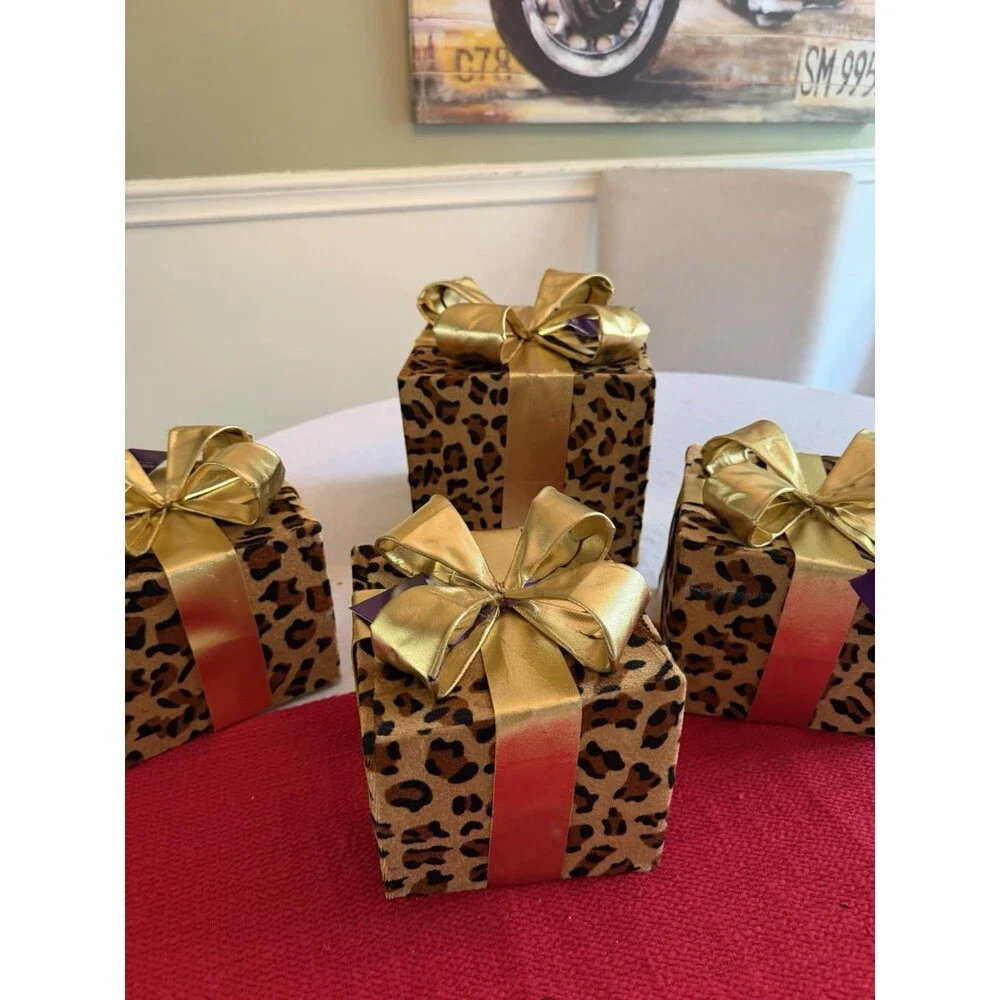 Robert Stanley Home Collection 4pc Leopard Print under tree Boxes w/ Gold Bows